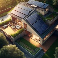 a view from above of a home with solar photovoltaic panels on the roof providing clean power. Intelligent house design. Generative AI a view from above of a home with solar photovoltaic panels on the roof providing clean power. Intelligent house design. Generative AI